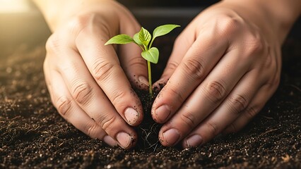 A young green plant is being carefully planted into rich soil, symbolizing growth, sustainability, and human connection with nature. The image reflects hope, nurture, and environmental awareness.