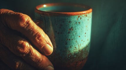 A hand holds a teal-colored mug