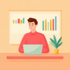 Young Man Working on Laptop in Modern Office with Charts and Plant