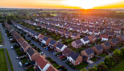 Obraz premium Aerial View of Suburban Houses at Sunset