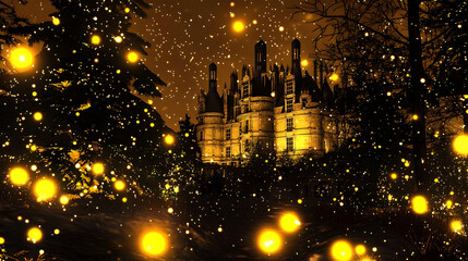 Winter's magical castle, illuminated by warm lights and falling snow.  Dark silhouettes of trees frame the castle in the foreground