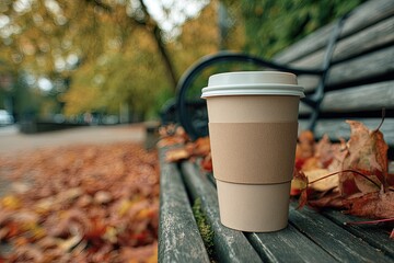 Autumnal coffee on park bench