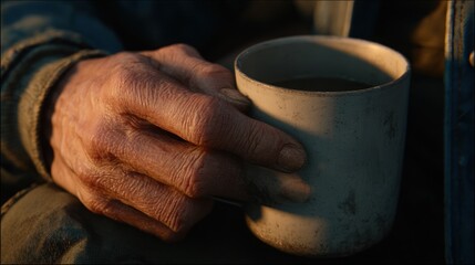 Close-up of a weathered hand holding a mug