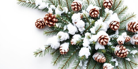 Snow-dusted evergreen branch with pine cones, minimalist square flat lay , cones, rustic