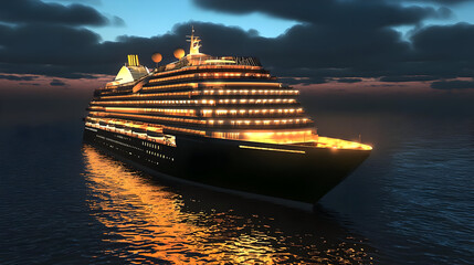 Luxurious cruise ship at twilight, illuminated with warm lights reflecting on the water.  Large vessel, many windows, modern design