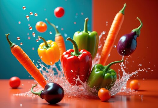 vibrant colorful vegetables levitating mid air bold bright backdrop dynamic elements contrast, carrot, tomato, pepper, boccoli, eggplant, beet, greenbean