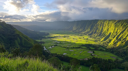Obraz premium Lush valley nestled within a dramatic mountain caldera, illuminated by golden sunlight filtering through clouds. Terraced rice paddies and verdant hillsides create a stunning vista