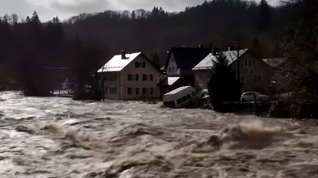 Terpencil di pegunungan bersalju, sebuah rumah kayu tua yang terbengkalai berdiri di tengah pemandangan musim dingin dan pepohonan yang membeku