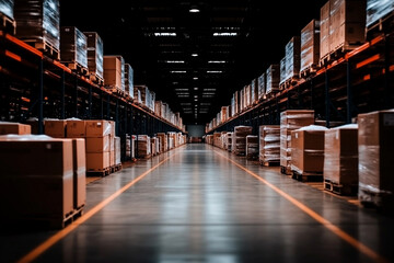 Fototapeta premium Stacked pallets with wrapped goods in a spacious storage facility