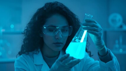 Scientist Analyzing Blue Liquid in Laboratory Setting - Powered by Adobe