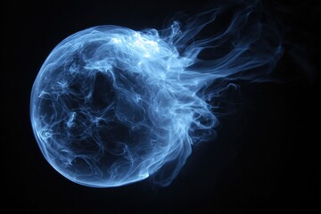 A luminous blue swirling cloud forms a sphere against a dark background