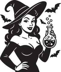 halloween retro witch with potion and bats
