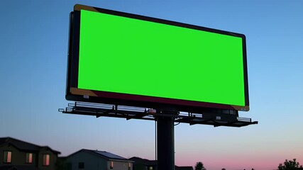 Large Green Screen Digital Billboard Against Twilight Sky in Suburban Setting, Ready for Advertisement Mockup and Content Insertion