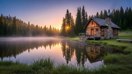 Fototapeta premium Nestled beside a calm forest lake, a rustic log cabin basks in the golden morning sun, offering a perfect retreat surrounded by pine trees and tranquil reflections.