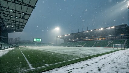 Moody nighttime soccer stadium scene; snow falling on empty green field, illuminated by stadium lights; serene, atmospheric winter sports image.