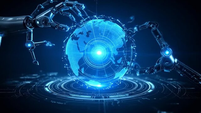 Robotic arms reach for a glowing digital globe representing Earth, surrounded by data streams, within a futuristic, tech interface - Powered by Adobe