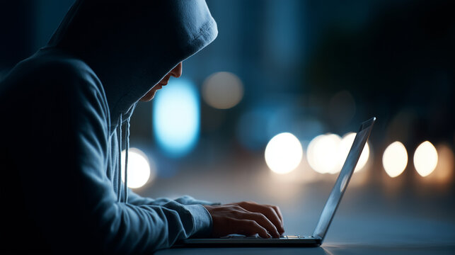 Person in a hoodie types on a laptop at night as symbol of cybercrime or hacking activity.