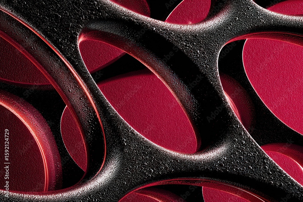 Poster abstract design featuring intertwining shapes in red and black creates a striking visual texture and