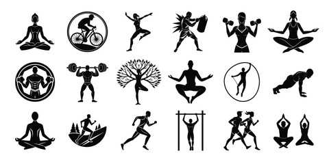 yoga poses vector, Fitness and yoga workout silhouette vector set, active exercise poses, health and wellness clipart collection