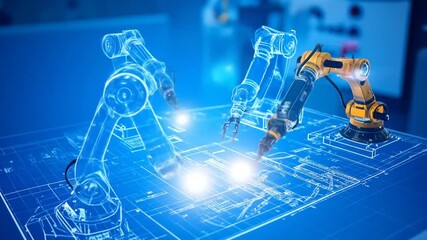 Robotic arms, some in blueprint form, are displayed on a blue surface. One arm is yellow, with a blueprint background and bright glows - Powered by Adobe