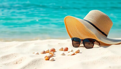 Sun hat, sunglasses, shells on sandy beach; turquoise sea background, artwork, scene