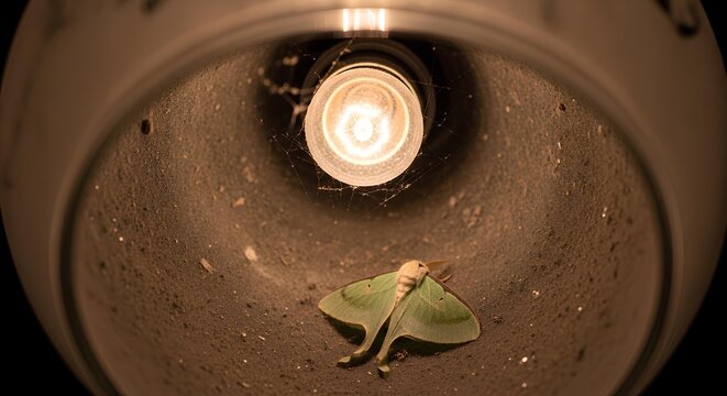 Luna moth dormancy inside of a lamp under light bulb with spiderwebs and dust