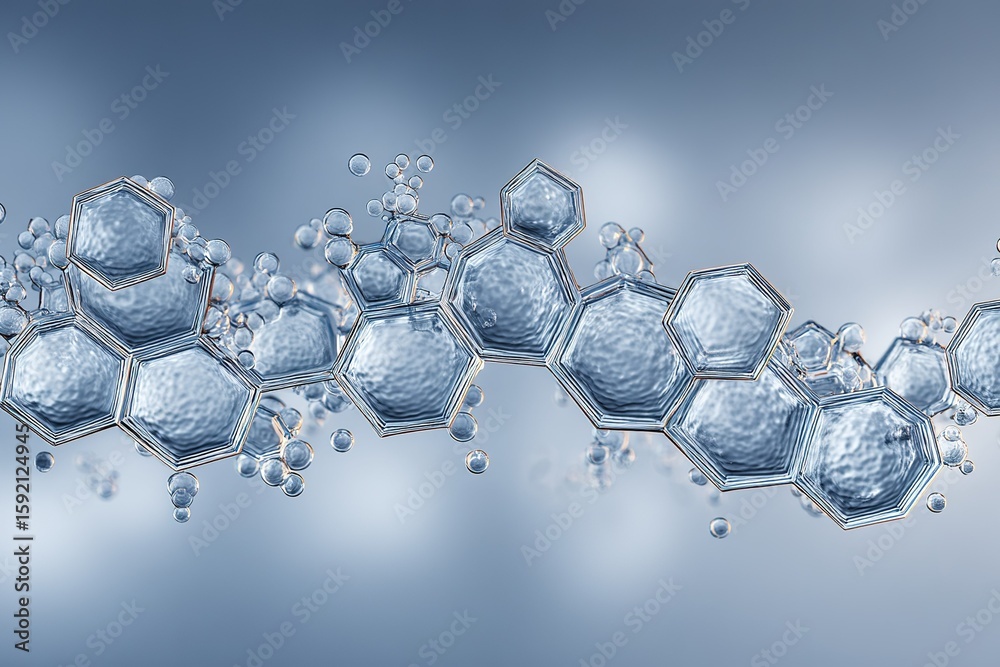 Poster molecular structure with hexagonal shapes and bubbles floating in a clear environment under soft lig