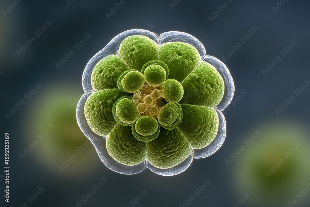 Poster microscopic view of a green algae bloom showcasing cellular structure and growth patterns in aquatic