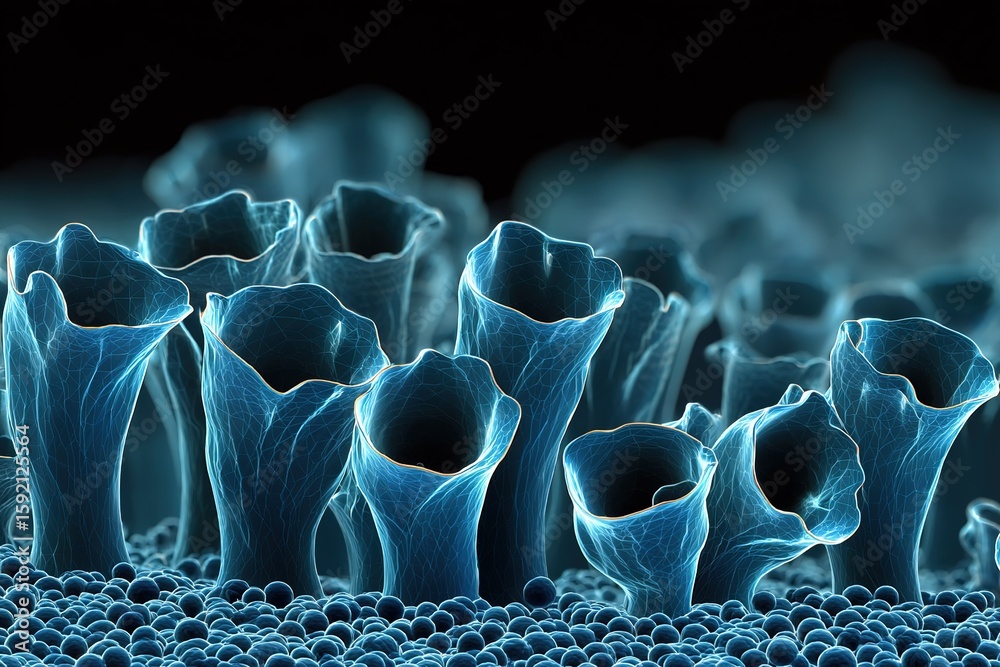 Poster microscopic view of unique cell structures showcasing intricate details in biological systems at a h