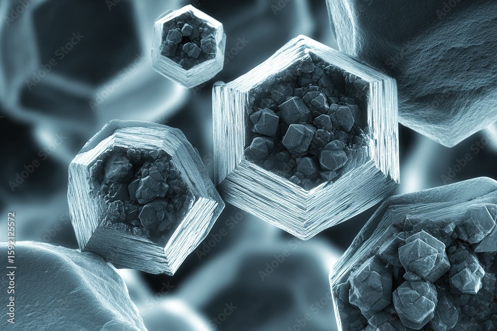 Poster microscopic view of hexagonal crystals showcasing intricate structures and patterns in a laboratory 