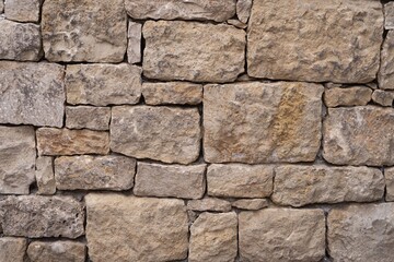 Close-up View of Beige Natural Stone Wall Texture