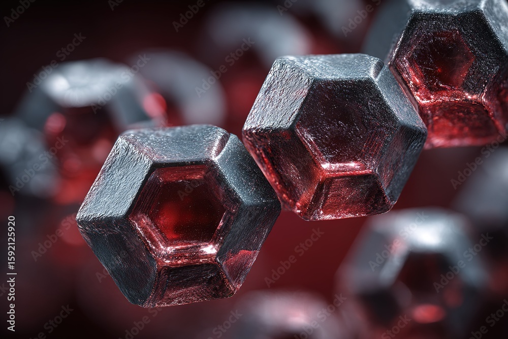 Poster hexagonal crystalline structures reflecting light with a red background in a close-up view showcasin