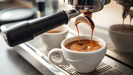 Espresso Machine Pouring Rich Dark Coffee into White Cups, Close-up, Warm Lighting, Professional Barista Setting