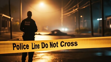 Police officer in silhouette at a crime scene with a 'Do Not Cross' tape.