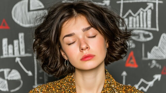 Woman with short wavy dark brown hair in yellow and black patterned top, silver hoop earring, eyes closed, resting against blackboard with white chalk graphs, charts, red triangular warning symbols.