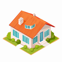 Isometric illustration of a charming residential house with an orange roof, windows, a front door, green bushes, and a white pathway on a bright sunny day.