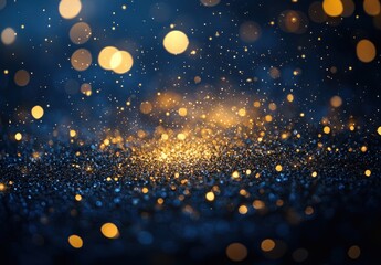Beautiful Abstract Background of Golden Sparkling Particles on Dark Blue Surface for Creative Projects