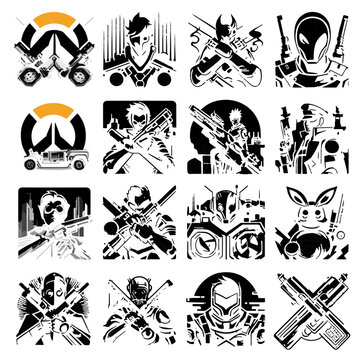 Collection of sixteen stylized black and white video game character icons and logos in a grid pattern