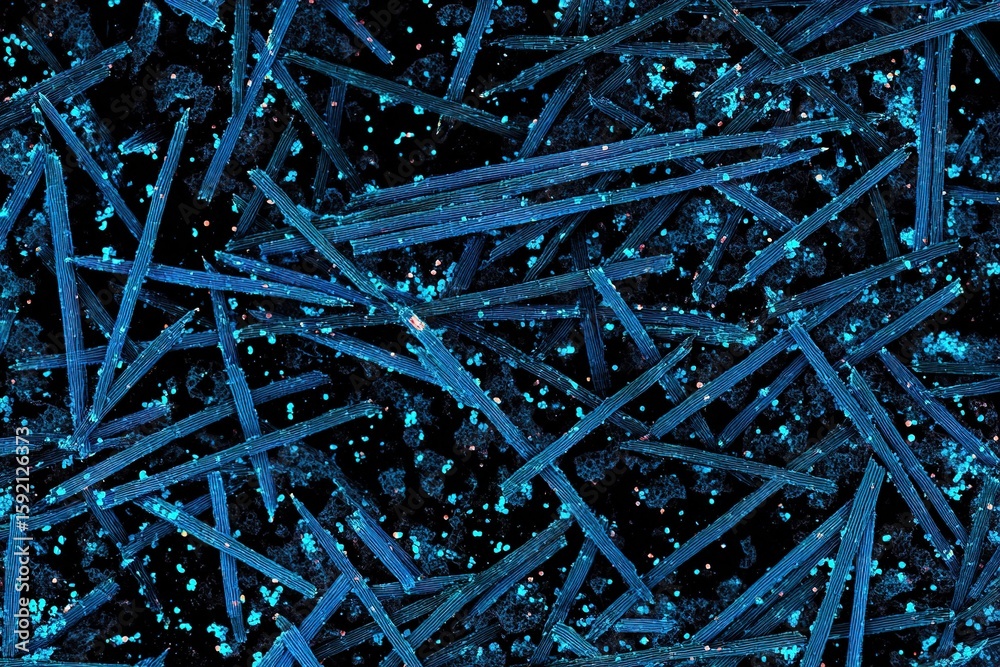 Poster blue crystalline structures spread across a dark background in a close-up view showcasing intricate 