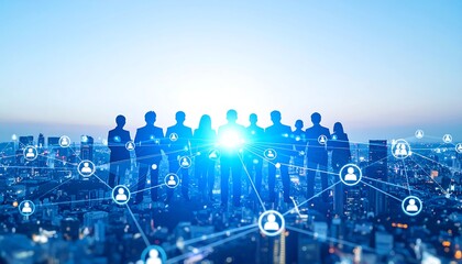 Silhouettes of a large team connected by a network over a city