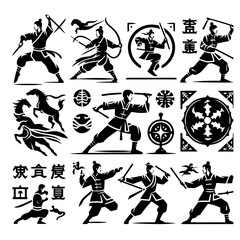 Collection of black and white martial arts figures with swords and horses in various poses and designs