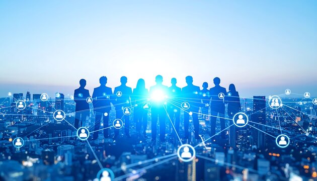 Silhouettes of a large team connected by a network over a city