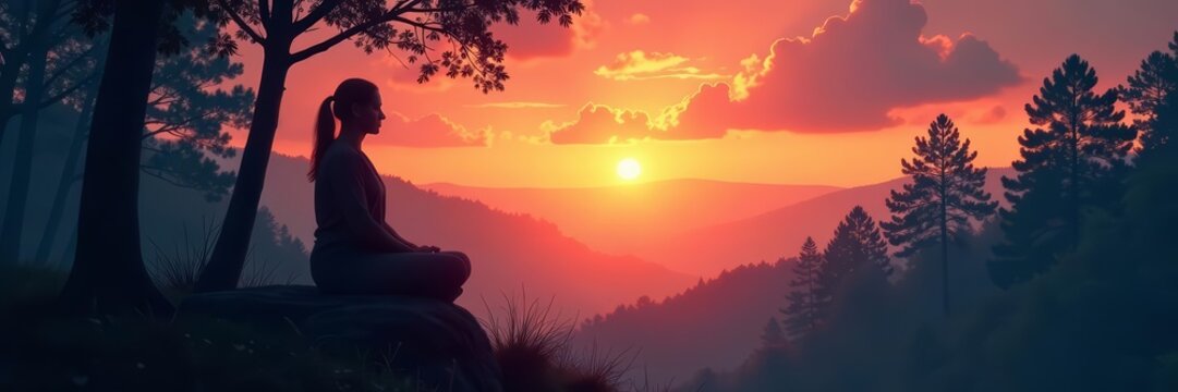 Tranquil mindfulness in silhouette against forest backdrop, mindfulness, silhouette, relaxation