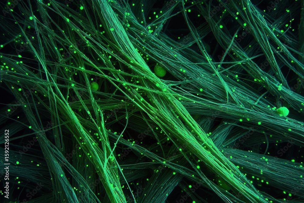 Poster microscopic view of green fibers and particles displaying intricate patterns in a dark background