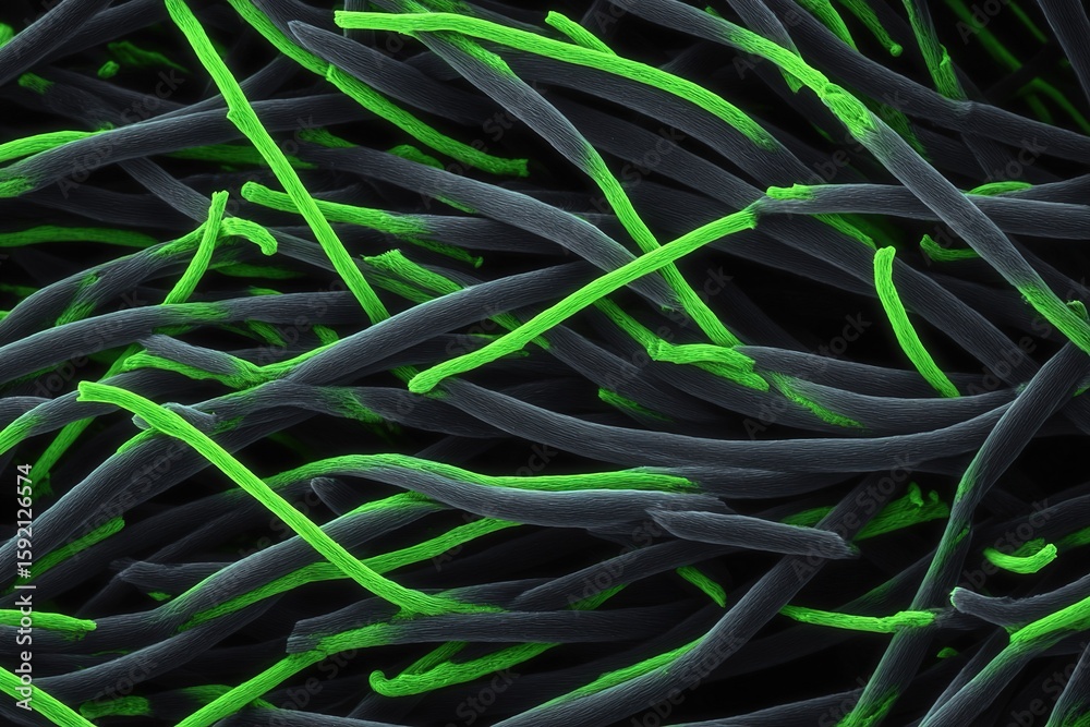Poster close-up view of green and black filamentous structures under a microscope in laboratory setting
