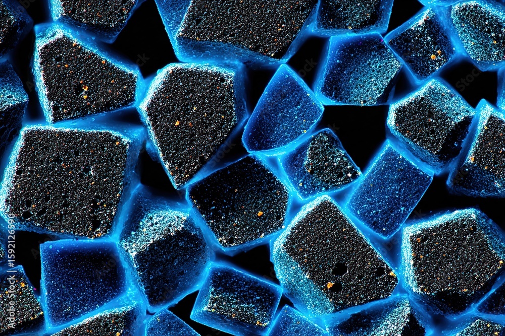 Poster close-up view of crystalline structures with glowing edges revealing intricate shapes and patterns i