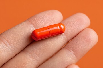 Bright orange capsule held in a hand against a vibrant orange background showcasing pharmaceutical elements and healthcare