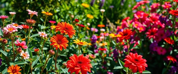 Naklejka premium Vibrant blooms in a lush, sun-drenched garden, plants, natural