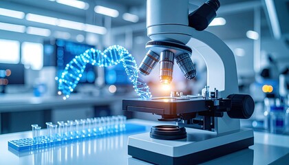 Modern microscope with DNA graphic