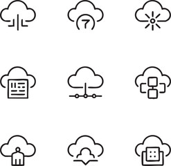 Fototapeta premium Cloud computing vector icon set adjustable line weight,editable stroke,outline data transfer,server,network,database,storage,connection,security,user,information,location icon set